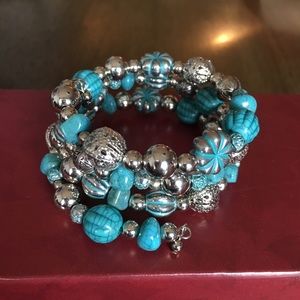 Wrap Around Silver Turquoise Beaded Bracelet